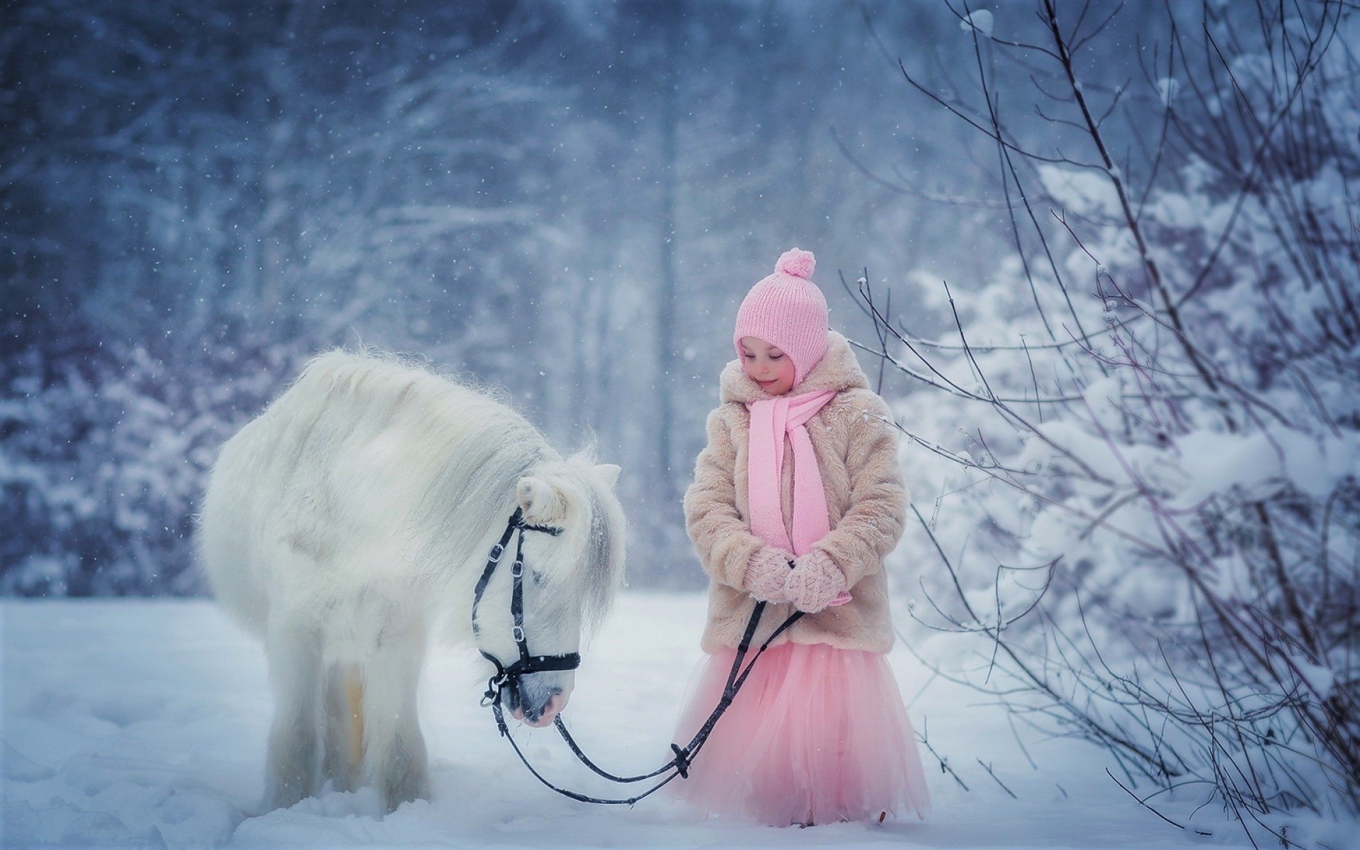 Little Girl and Pony in the Snow