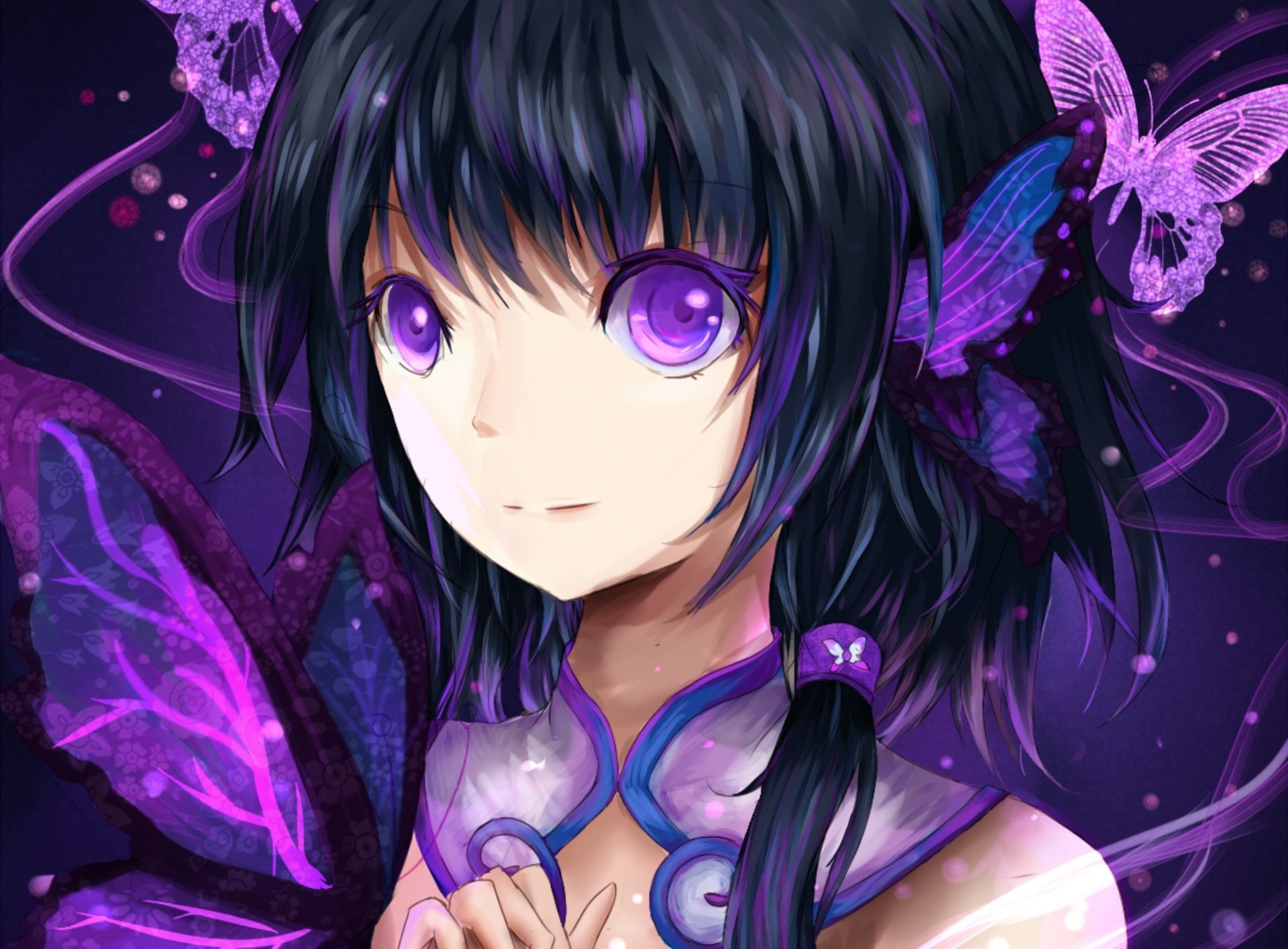 Purple Eyed Anime Girl with Butterflies Around Her Head